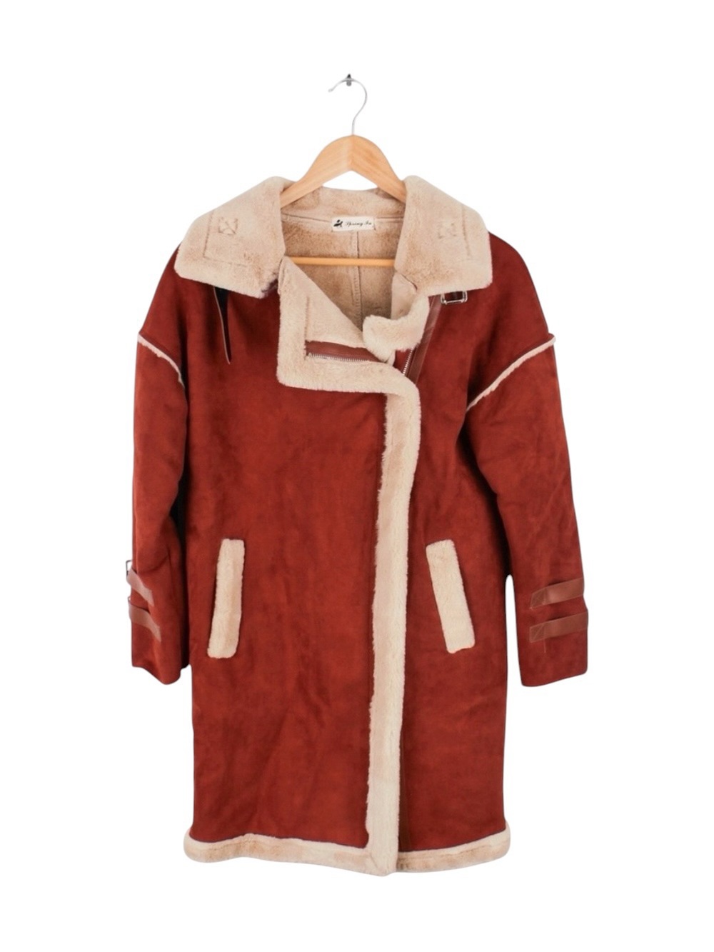 Spring‎ In Faux Shearling Moto Coat Rust Brown Sherpa Lined Women's Size 2
